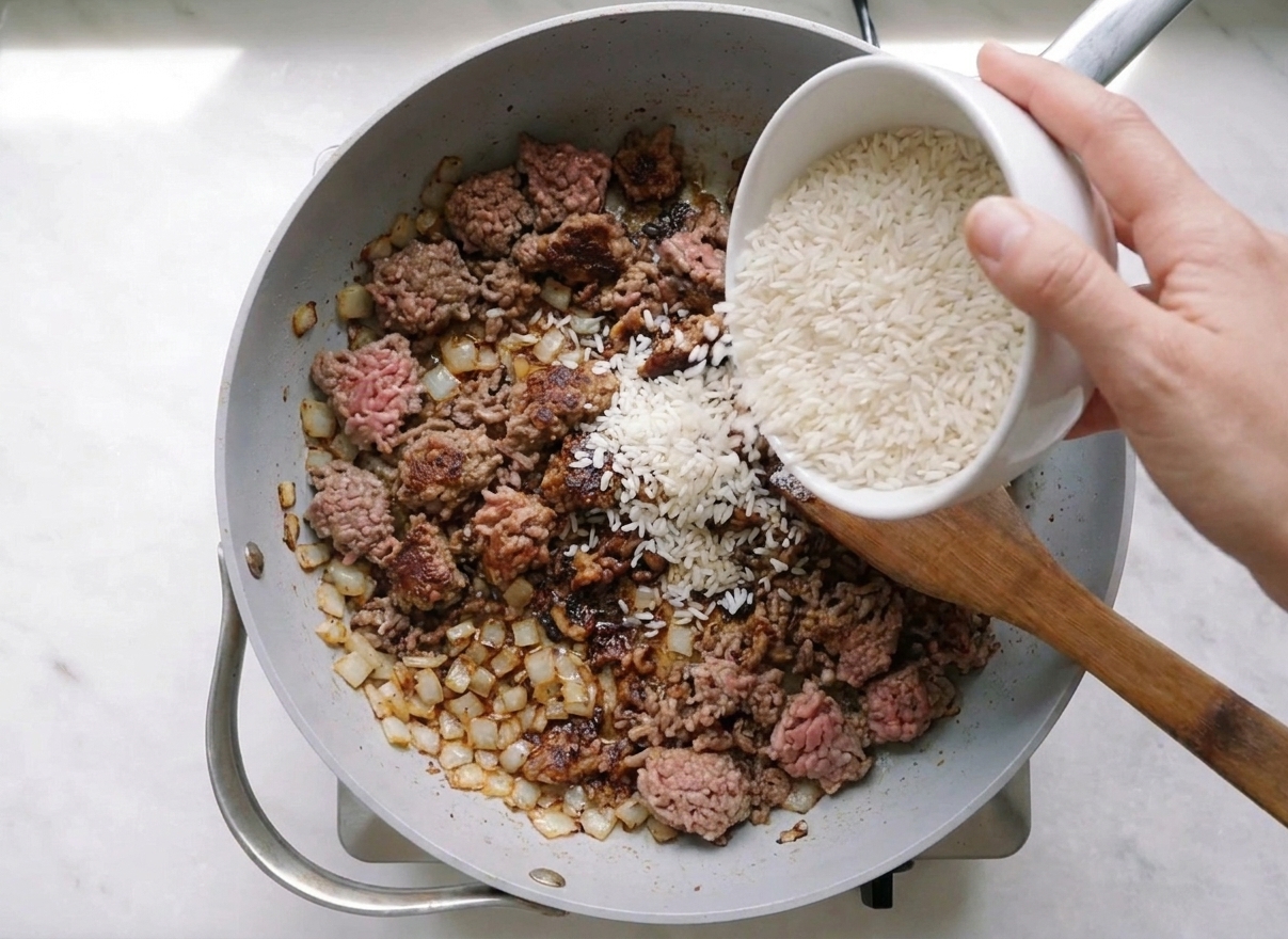 Uncooked white rice being stirred into seasoned ground beef and onions in a skillet on the stovetop