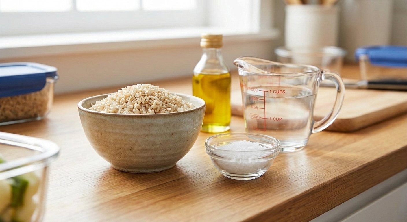 Uncooked whole grain brown rice in a small bowl with salt, olive oil, and a measuring cup of water arranged on a tidy kitchen counter