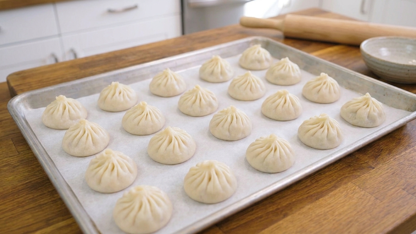 Uncooked xiao long bao arranged on a parchment-lined baking sheet, spaced apart and ready to freeze.