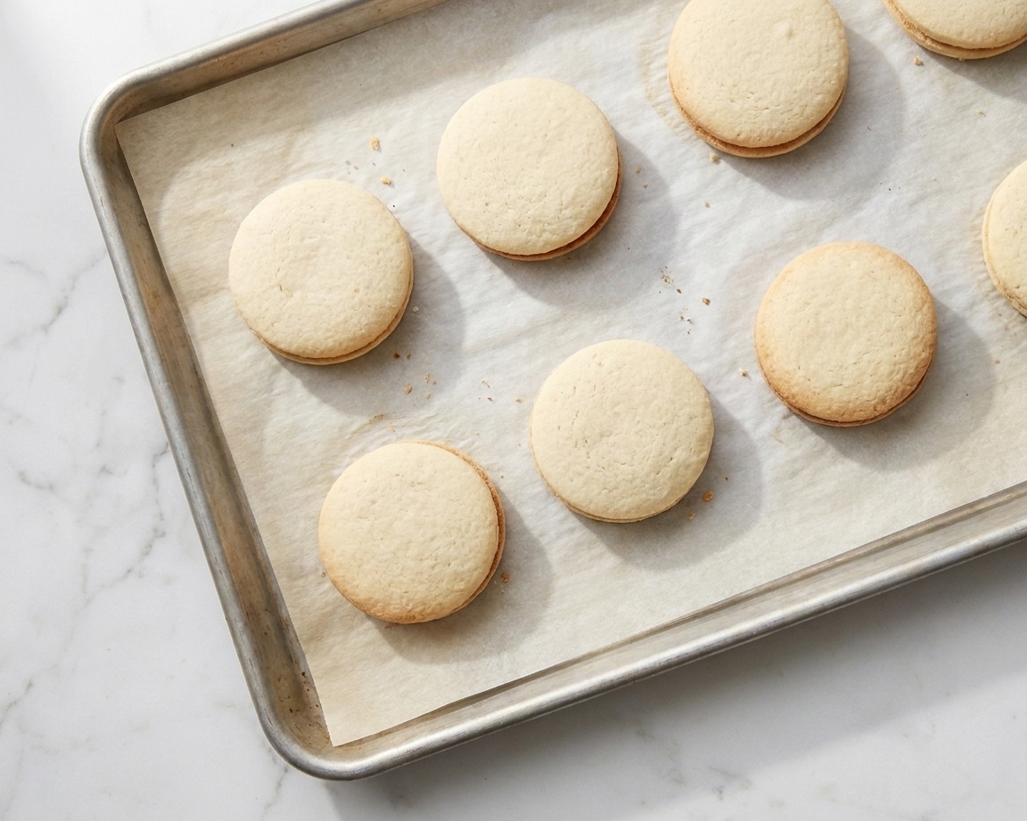 Unfilled alfajor cookie rounds baked on a parchment-lined baking sheet, pale with lightly golden bottoms