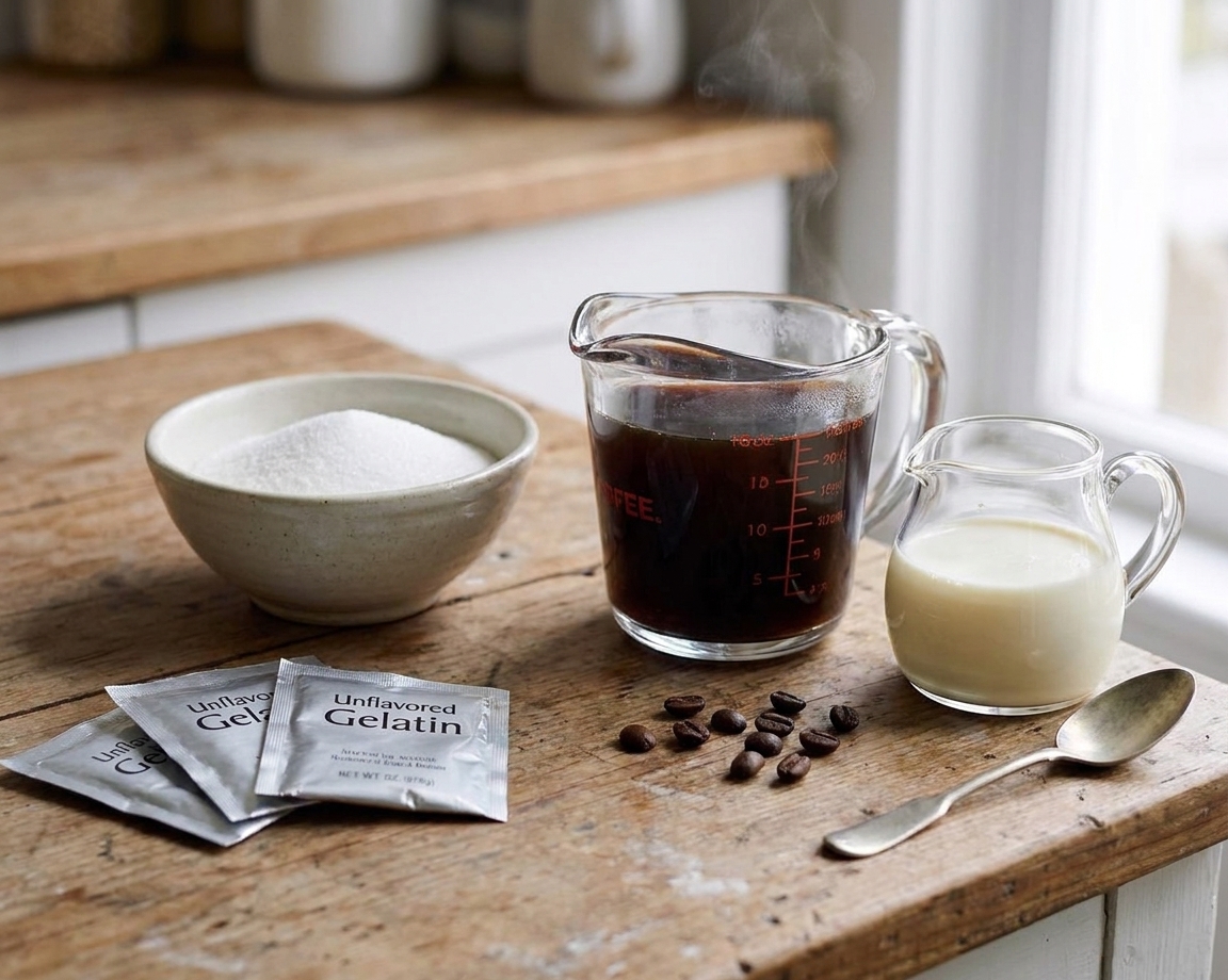 Unflavored gelatin packets, a bowl of sugar, a measuring cup of strong brewed coffee, and a small pitcher of cream arranged on a tidy kitchen counter