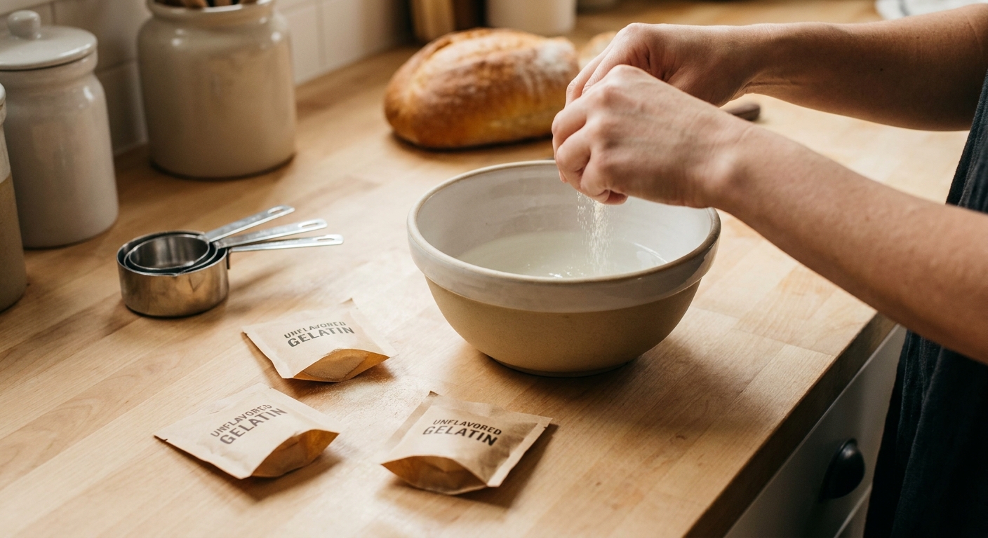 Unflavored gelatin packets opened beside a mixing bowl and measuring cups on a tidy kitchen counter