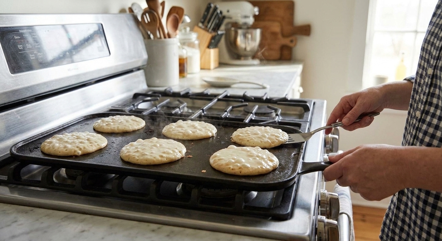 Unflipped pancakes cooking on a griddle with bubbles forming on the surface and edges starting to set