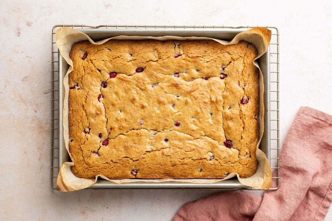 Unfrosted cranberry blondie slab cooling in a parchment-lined 9x13 baking pan on a wire rack