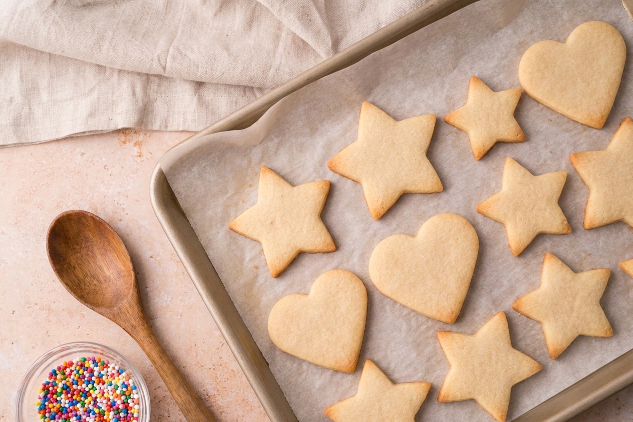 Unfrosted cut-out sugar cookies cooling on a parchment-lined baking sheet with lightly golden edges