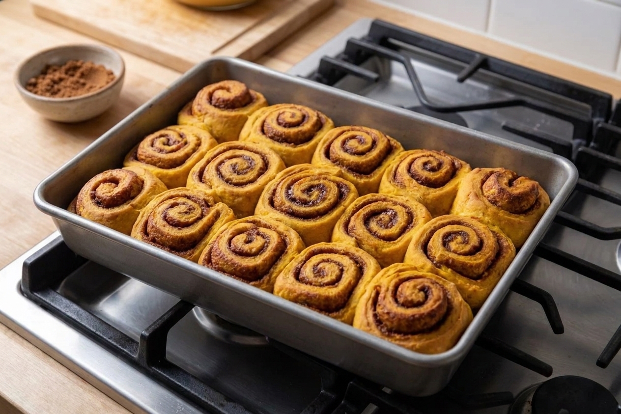Uniced pumpkin cinnamon rolls baked in a 9x13-inch pan with golden tops on a kitchen stovetop