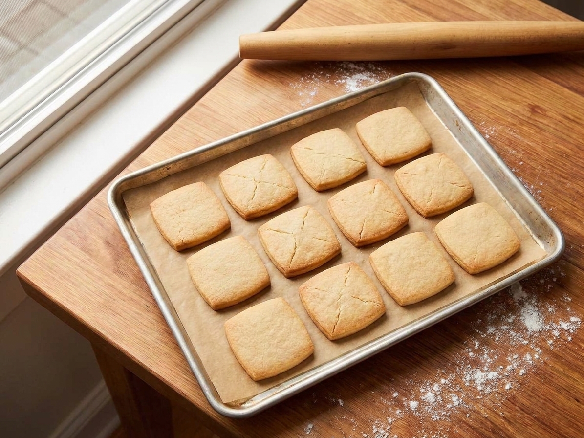 Uniced square sugar cookies cooling on a parchment-lined baking sheet on a home kitchen counter