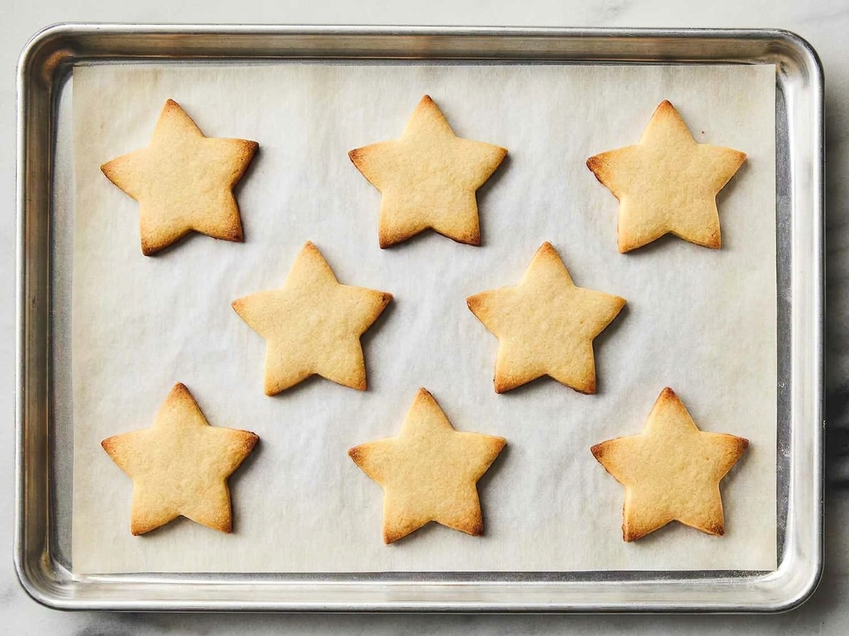 Uniced star-shaped sugar cookies cooling on a parchment-lined baking sheet on a kitchen counter