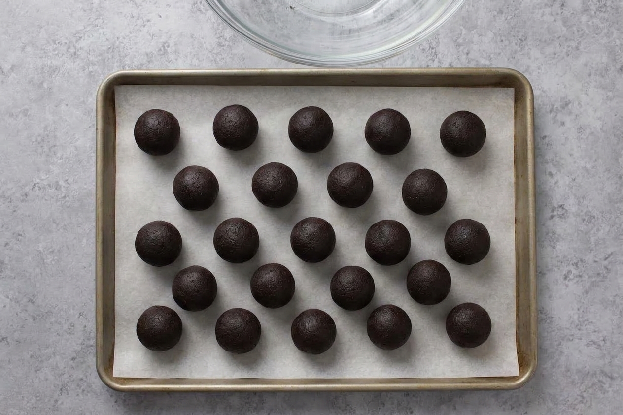 Uniform Oreo truffle balls arranged on a parchment-lined baking sheet, ready to be dipped, on a home kitchen counter