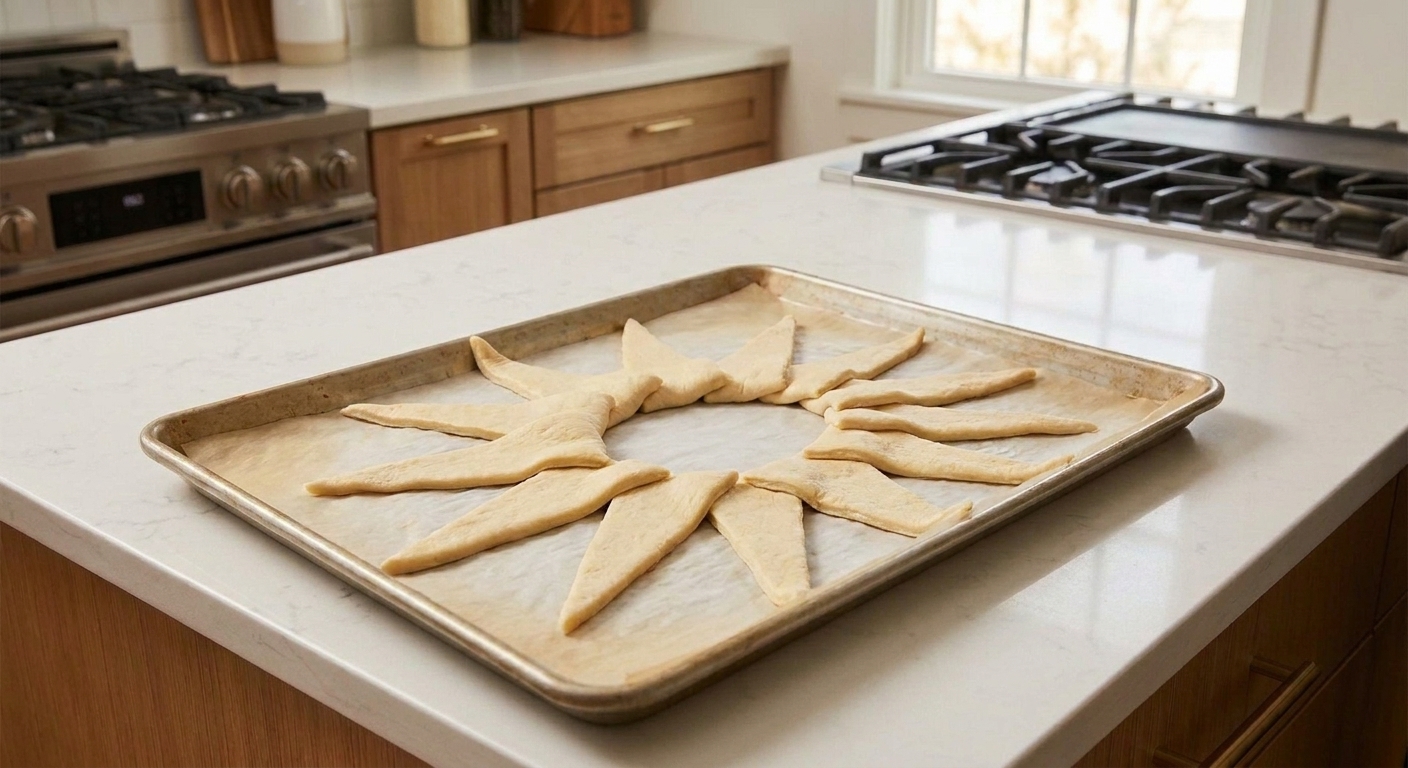 Unrolled crescent roll triangles arranged in a sunburst circle on a parchment-lined baking sheet, points facing outward on a kitchen counter