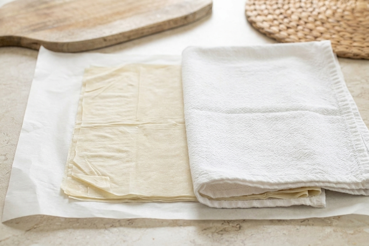 Unrolled filo dough sheets resting on parchment paper on a kitchen counter with a clean towel covering part of the stack to prevent drying