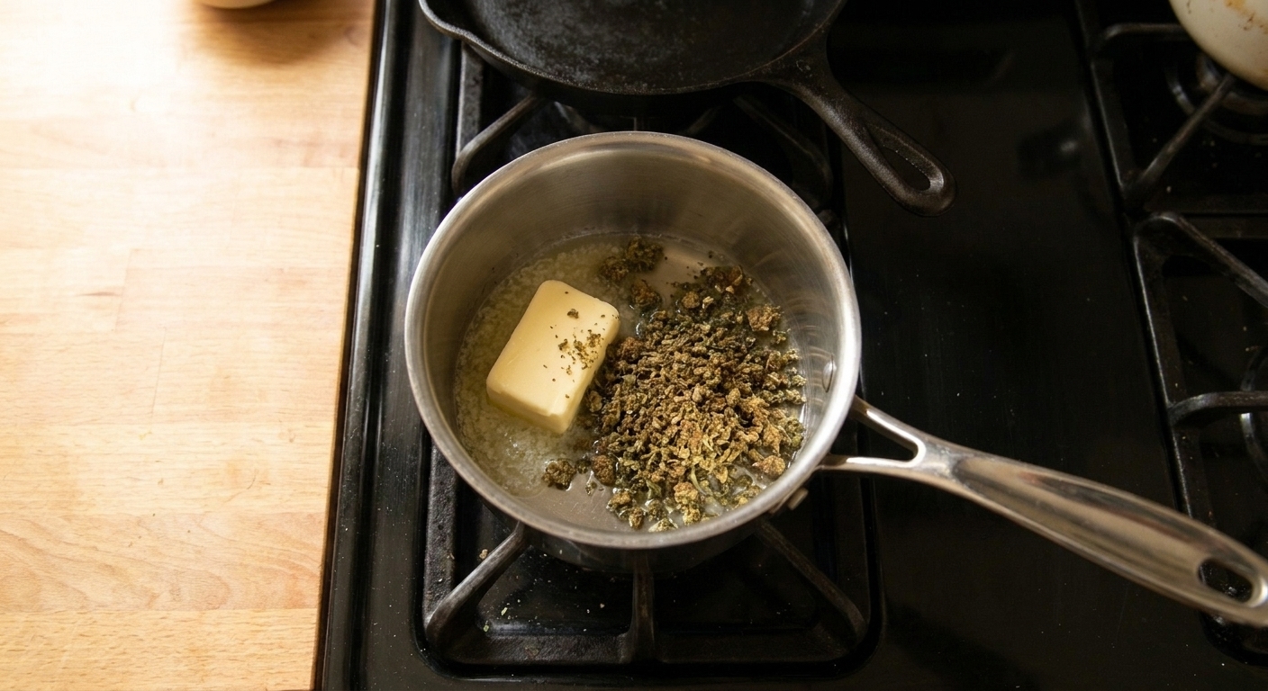 Unsalted butter, water, and decarbed cannabis in a small saucepan on a stovetop before simmering