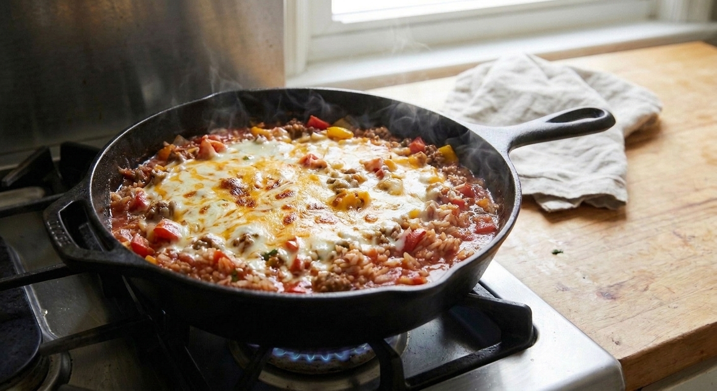 Unstuffed peppers in a skillet topped with melted mozzarella and cheddar, cheese bubbling and lightly browned