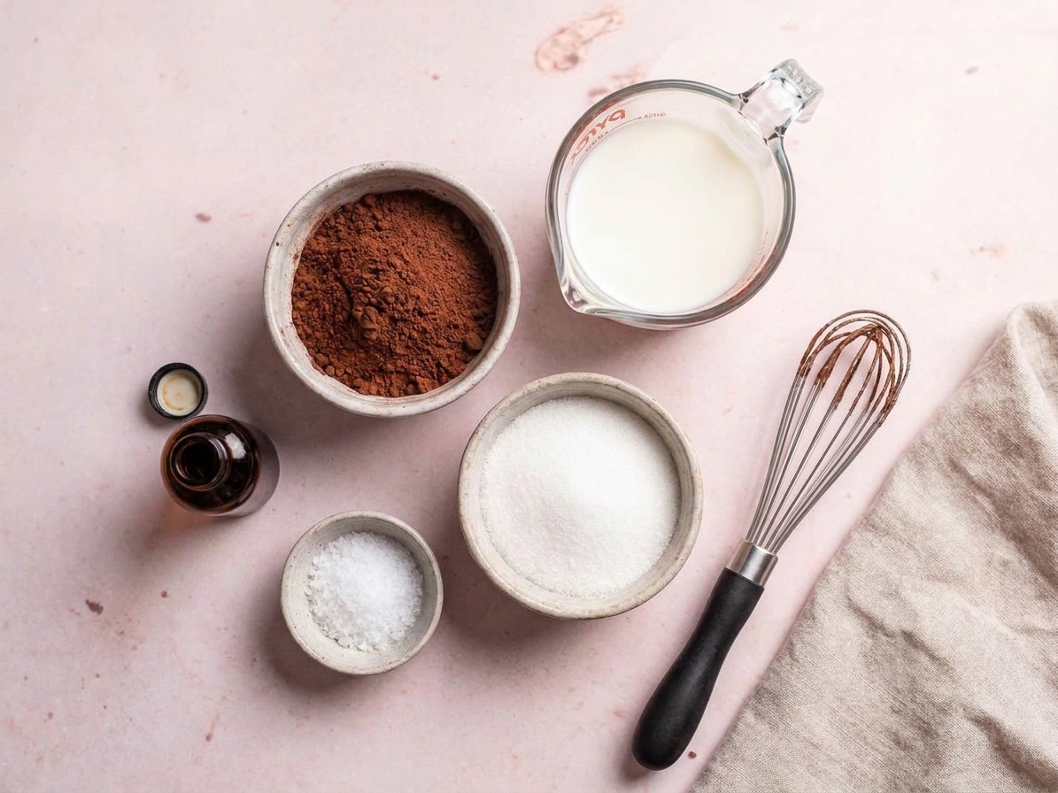 Unsweetened cocoa powder, a measuring cup of milk, sugar, vanilla extract, and a small pinch bowl of salt arranged neatly on a kitchen counter
