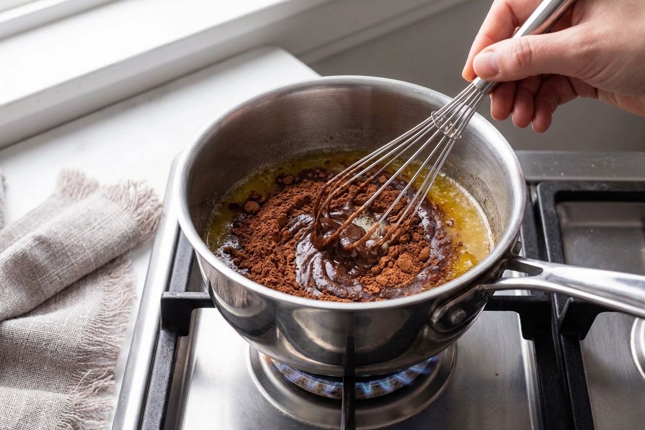 Unsweetened cocoa powder being stirred into melted butter in a small saucepan on a stovetop