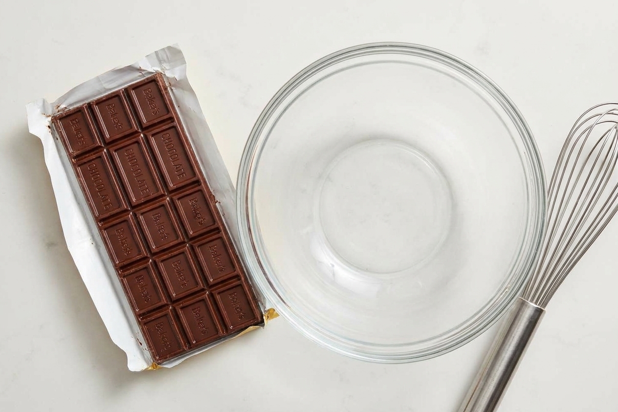 Unwrapped Baker’s German sweet chocolate bar on a clean kitchen counter beside a mixing bowl and whisk, ready to be melted