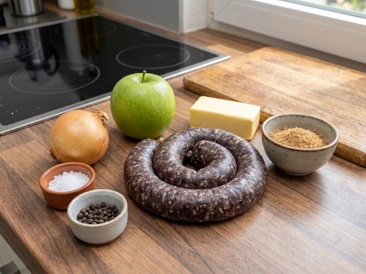 Unwrapped black pudding, a green apple, a yellow onion, butter, salt, pepper, and a small bowl of brown sugar arranged on a clean kitchen counter