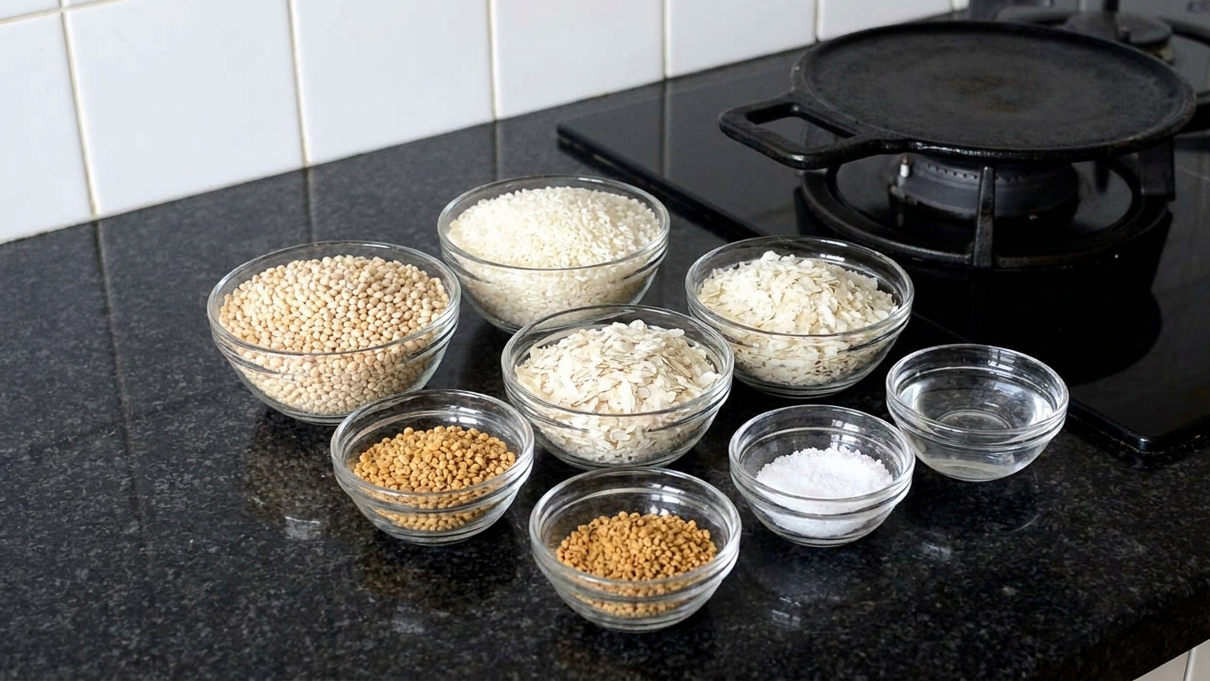 Urad dal, idli rice, poha, fenugreek seeds, salt, and a small bowl of water arranged on a clean kitchen counter in bright natural light