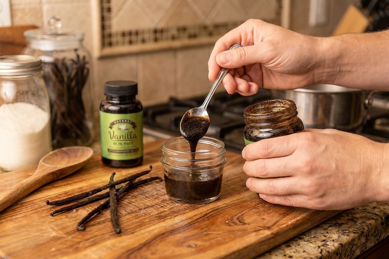 Vanilla bean paste being spooned into a small glass jar on a tidy kitchen counter