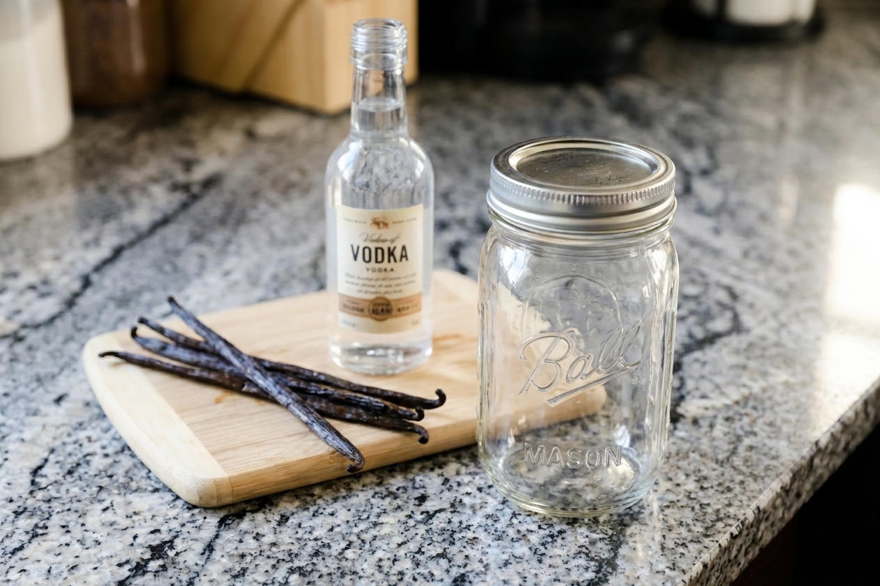 Vanilla beans, a small bottle of vodka, and a clean glass jar arranged on a kitchen counter in soft natural light