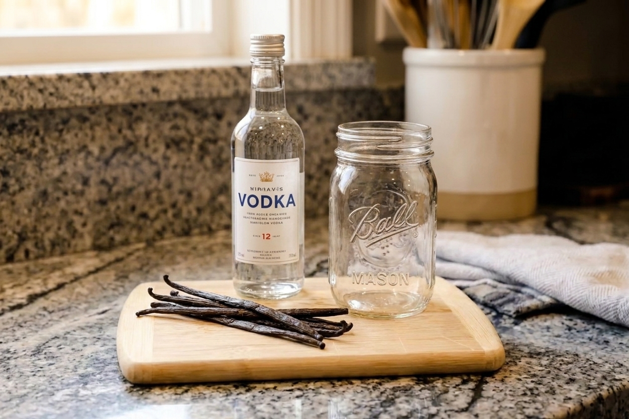 Vanilla beans next to a bottle of vodka and a clean glass jar arranged on a kitchen counter in natural light