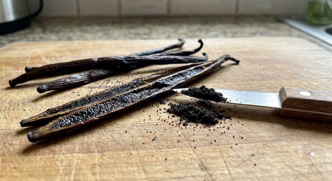 Vanilla beans split lengthwise on a wooden cutting board with a small knife and visible vanilla seeds