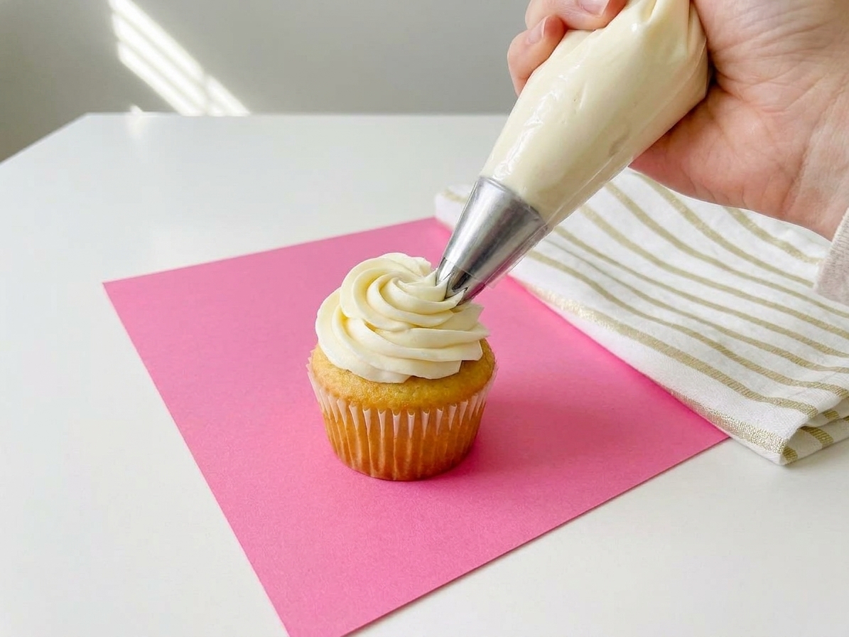 Vanilla buttercream being piped onto a cupcake in a tall swirl
