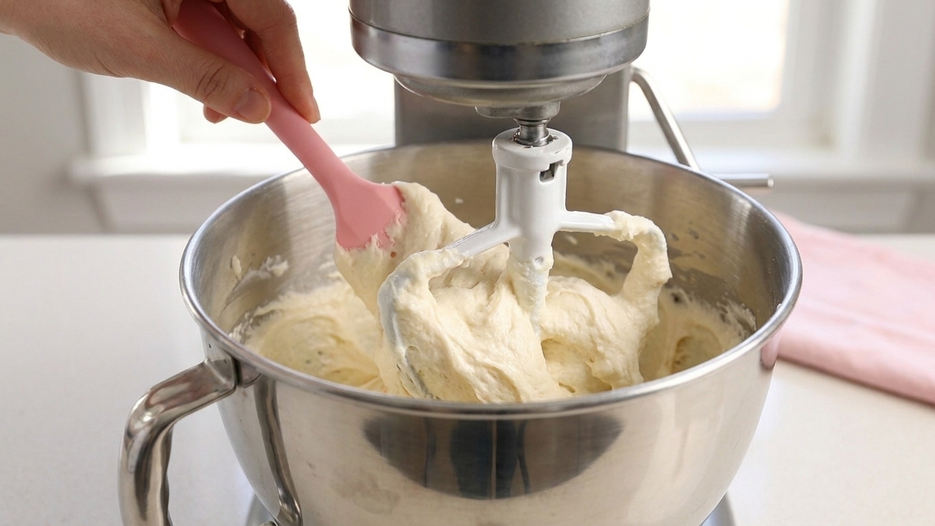 Vanilla buttercream being whipped in a stand mixer bowl with a paddle attachment in a bright home kitchen