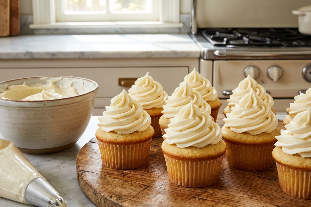 Vanilla buttercream frosting piped in tall swirls on vanilla cupcakes