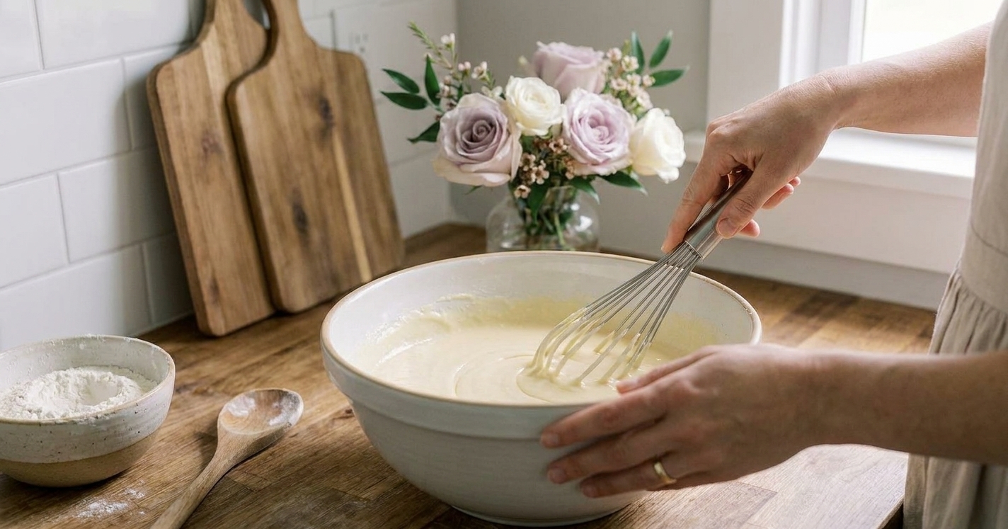 Vanilla cake batter being mixed in a large bowl until smooth and pale