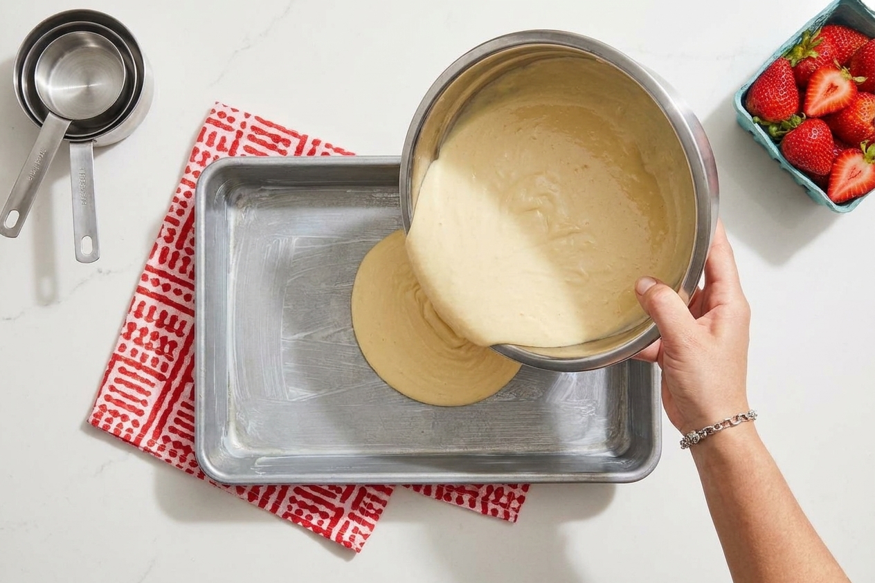 Vanilla cake batter being poured into a greased 9x13-inch baking pan on a kitchen counter