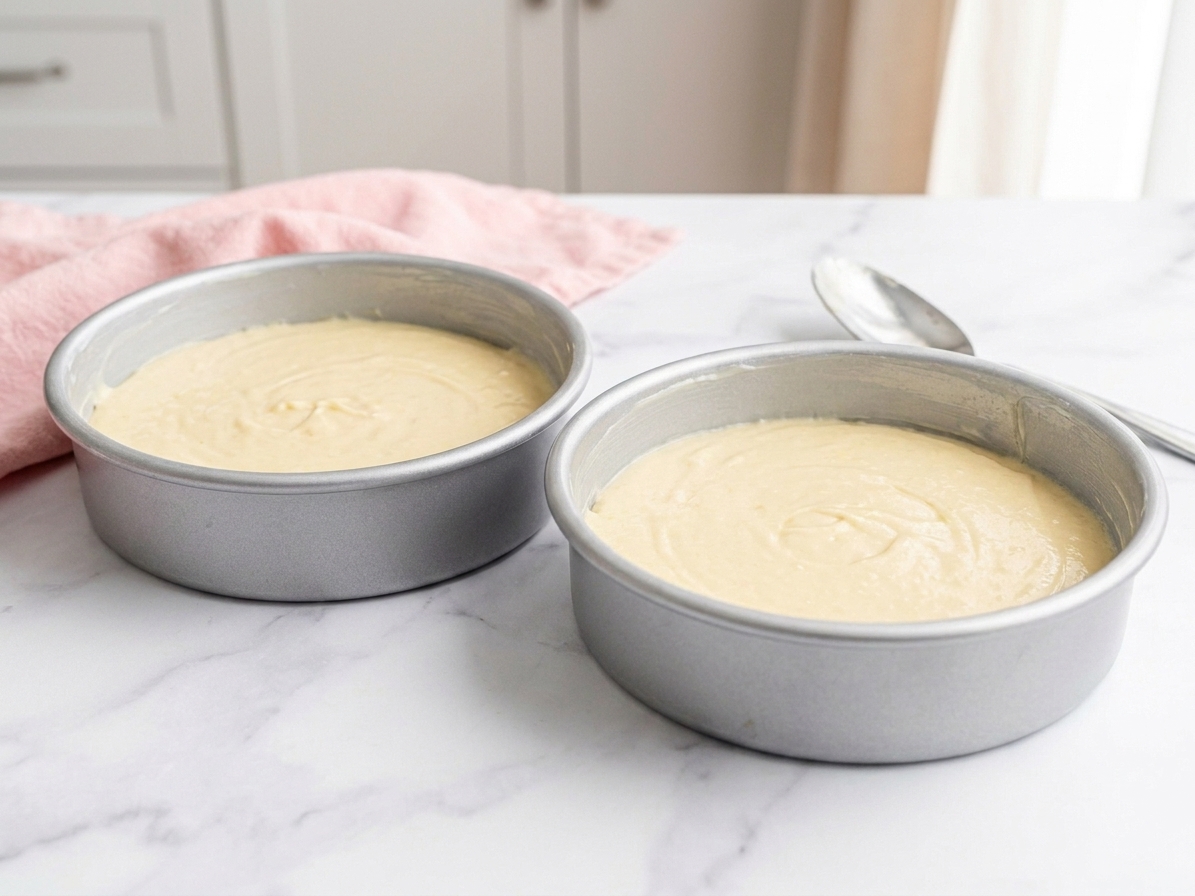 Vanilla cake batter divided evenly between two small parchment-lined cake pans