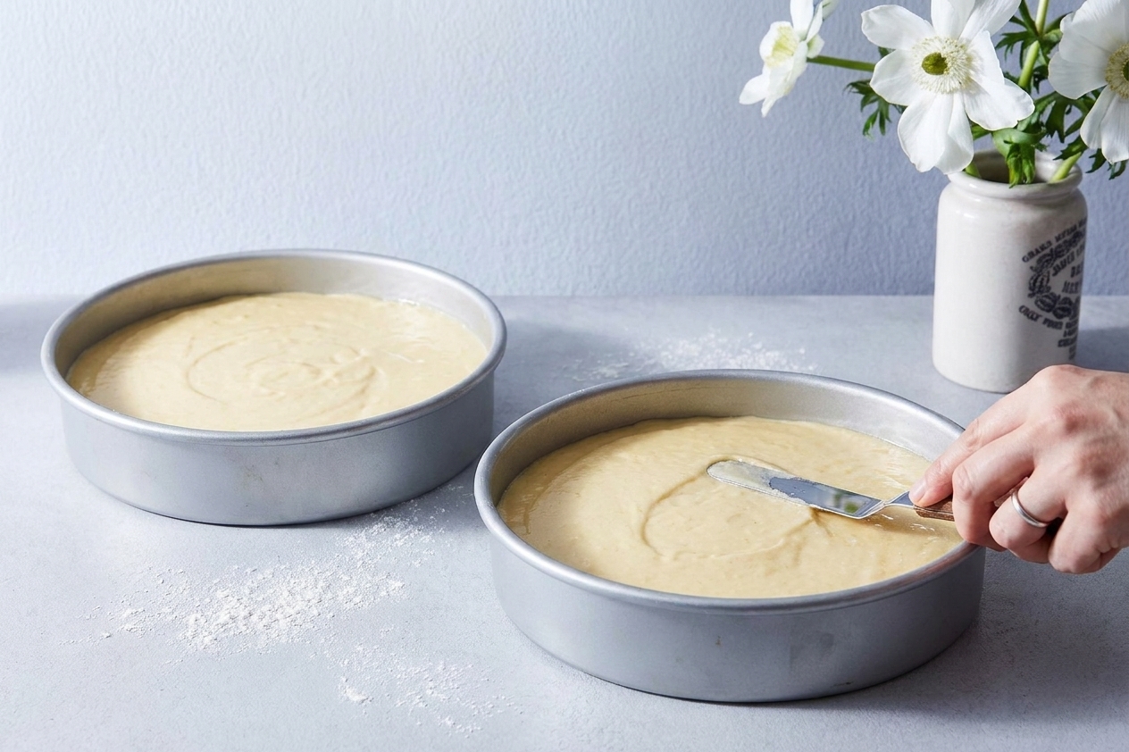Vanilla cake batter smoothed into two round cake pans on a kitchen counter before baking