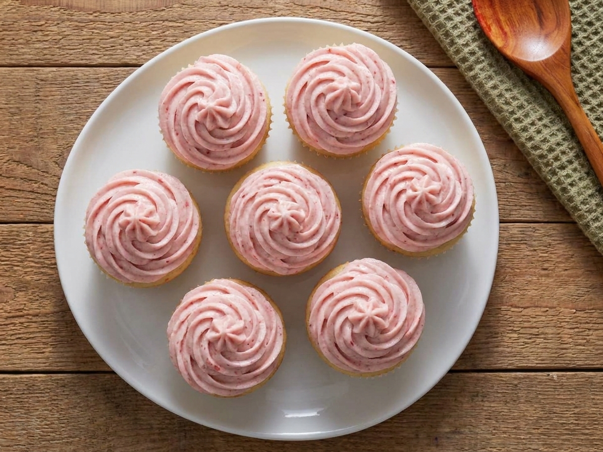 Vanilla cupcakes topped with piped strawberry frosting swirls on a simple white plate on a wooden table