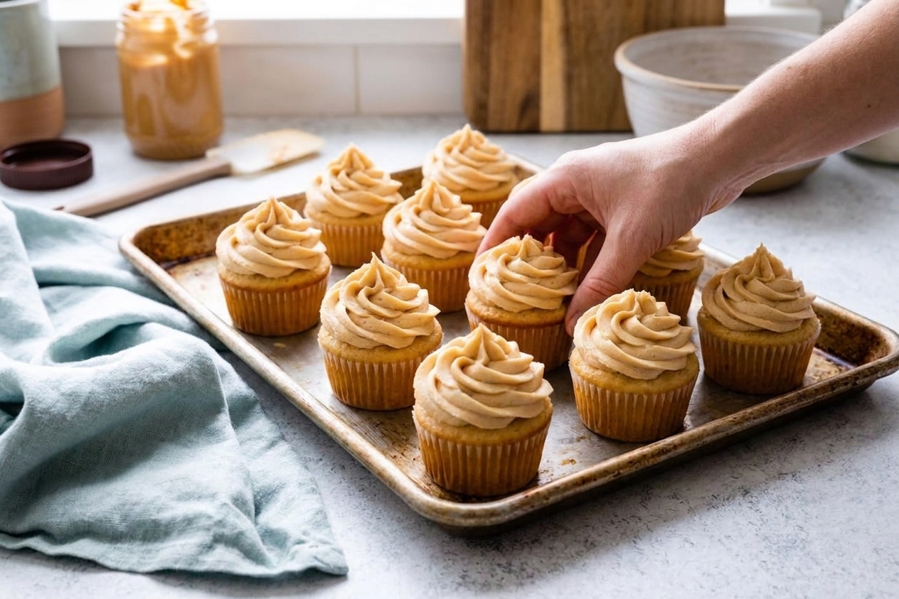 Vanilla cupcakes topped with piped swirls of peanut butter frosting on a simple baking sheet in a home kitchen