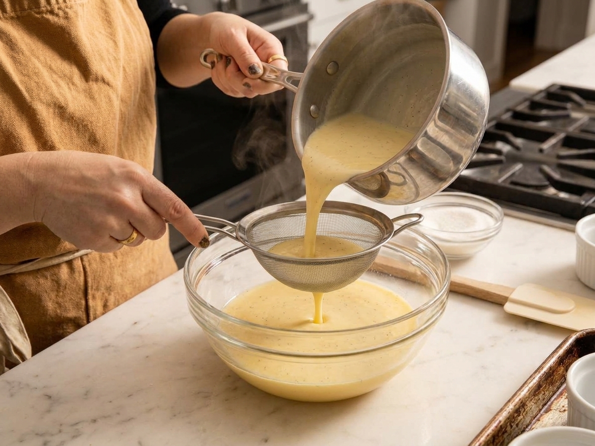 Vanilla custard being poured through a fine-mesh strainer into a bowl on a kitchen counter