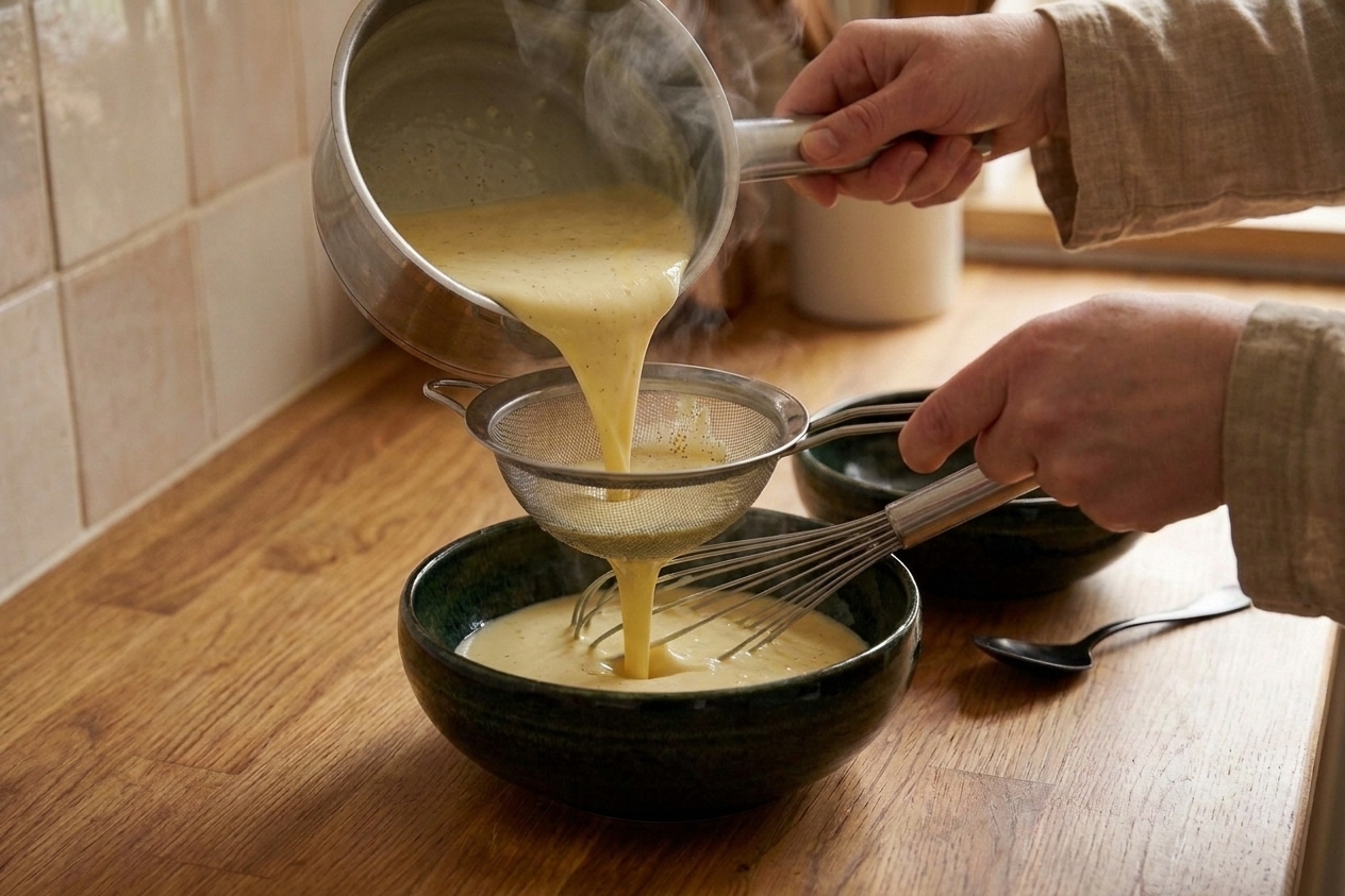 Vanilla custard being poured through a fine-mesh strainer into a bowl on a kitchen counter