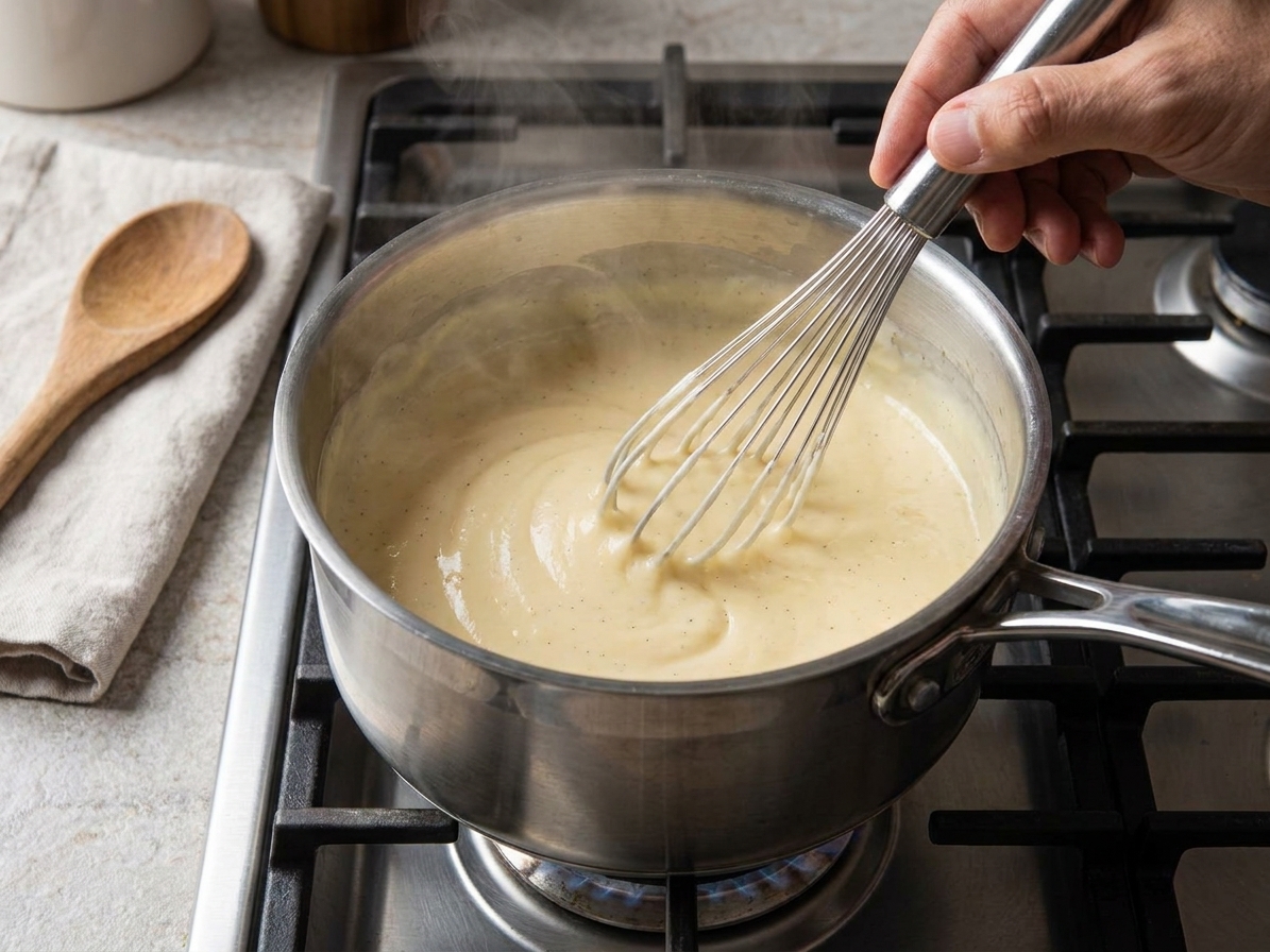 Vanilla custard being stirred in a saucepan on a stovetop, steam rising gently