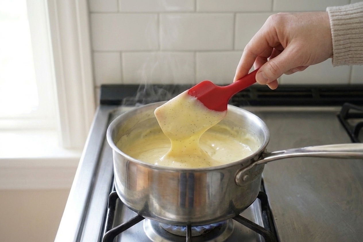 Vanilla custard being stirred with a rubber spatula in a saucepan as it thickens, close-up on the stovetop
