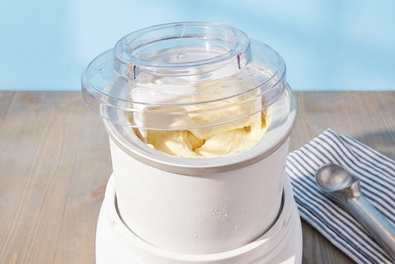 Vanilla custard churning inside a home ice cream maker with the lid open slightly