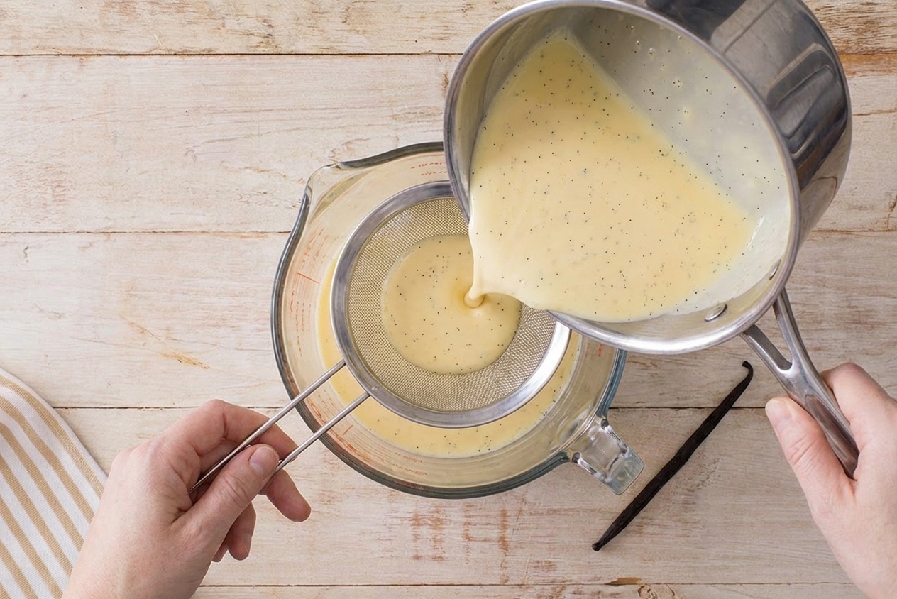 Vanilla custard mixture being poured through a fine-mesh strainer into a large glass measuring cup