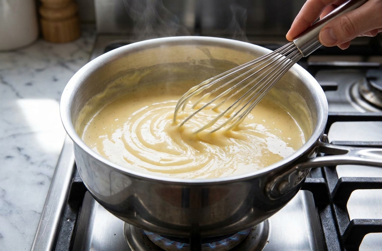 Vanilla custard thickening in a saucepan on a stovetop, being whisked until glossy