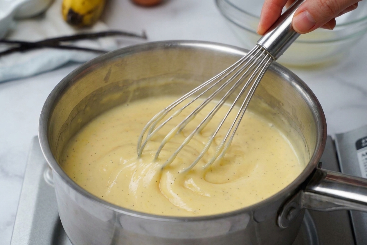 Vanilla custard thickening in a saucepan with a whisk, showing a glossy, smooth texture