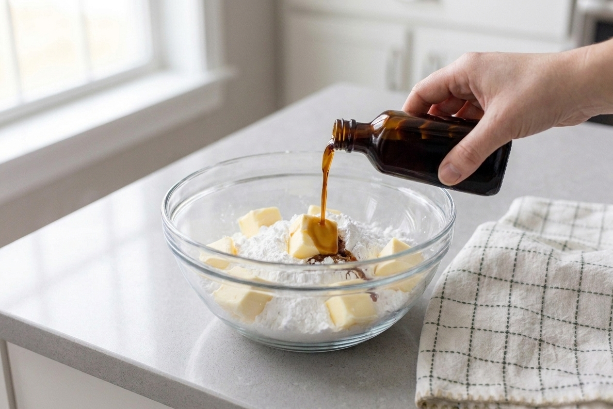 Vanilla extract being poured into a bowl with butter and powdered sugar for cinnamon roll frosting