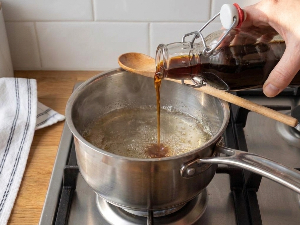 Vanilla extract being poured into warm syrup in a saucepan just after it is removed from the heat