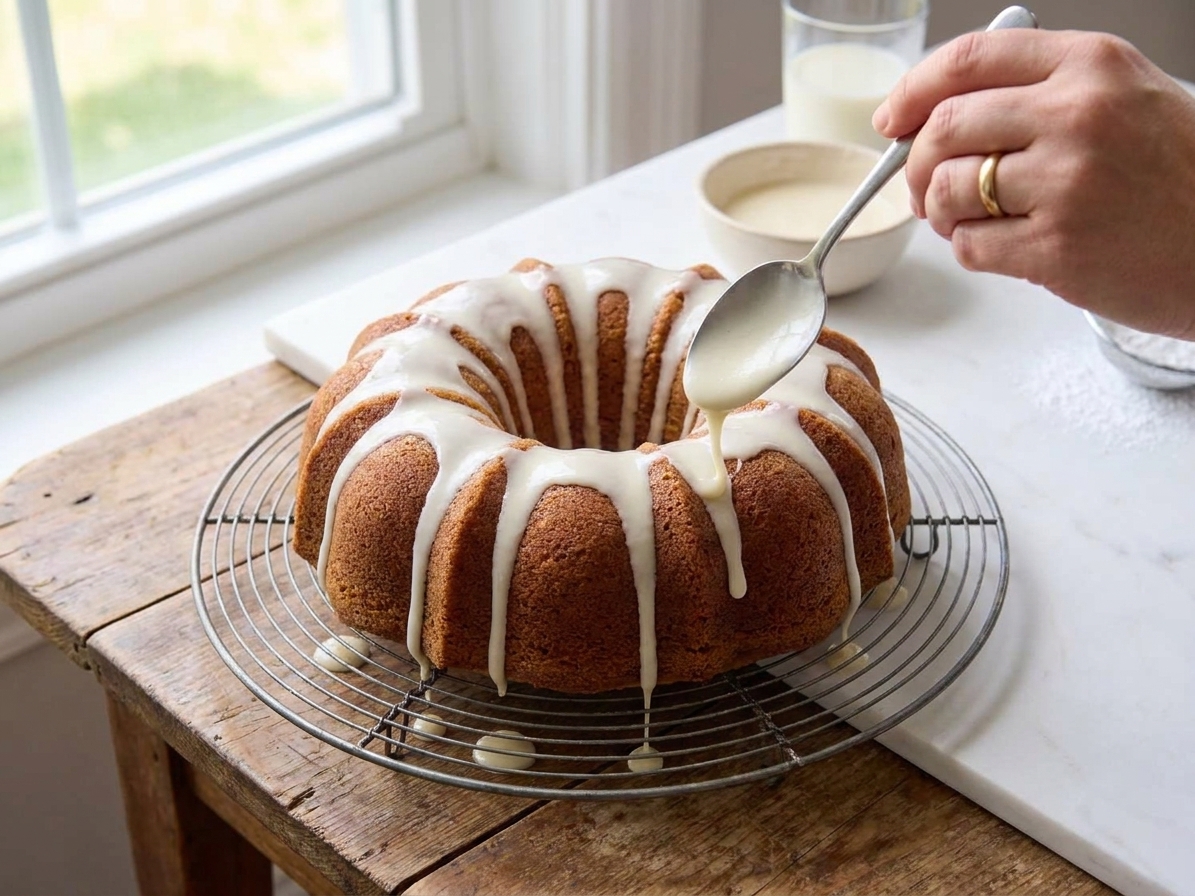 Vanilla glaze being drizzled from a spoon over a bundt cake on a wire rack, with glaze running into the grooves