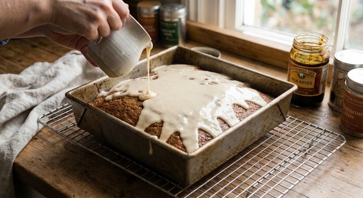 Vanilla glaze being drizzled over a cooled gingerbread cake in a pan on a kitchen counter with warm light