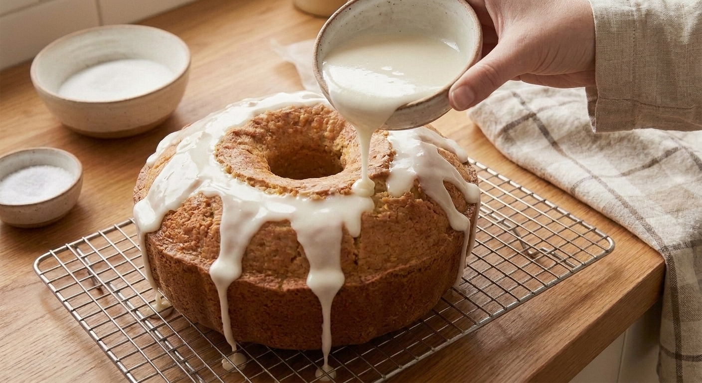 Vanilla glaze being drizzled over a cooled sour cream pound cake on a wire rack, glaze dripping down the sides