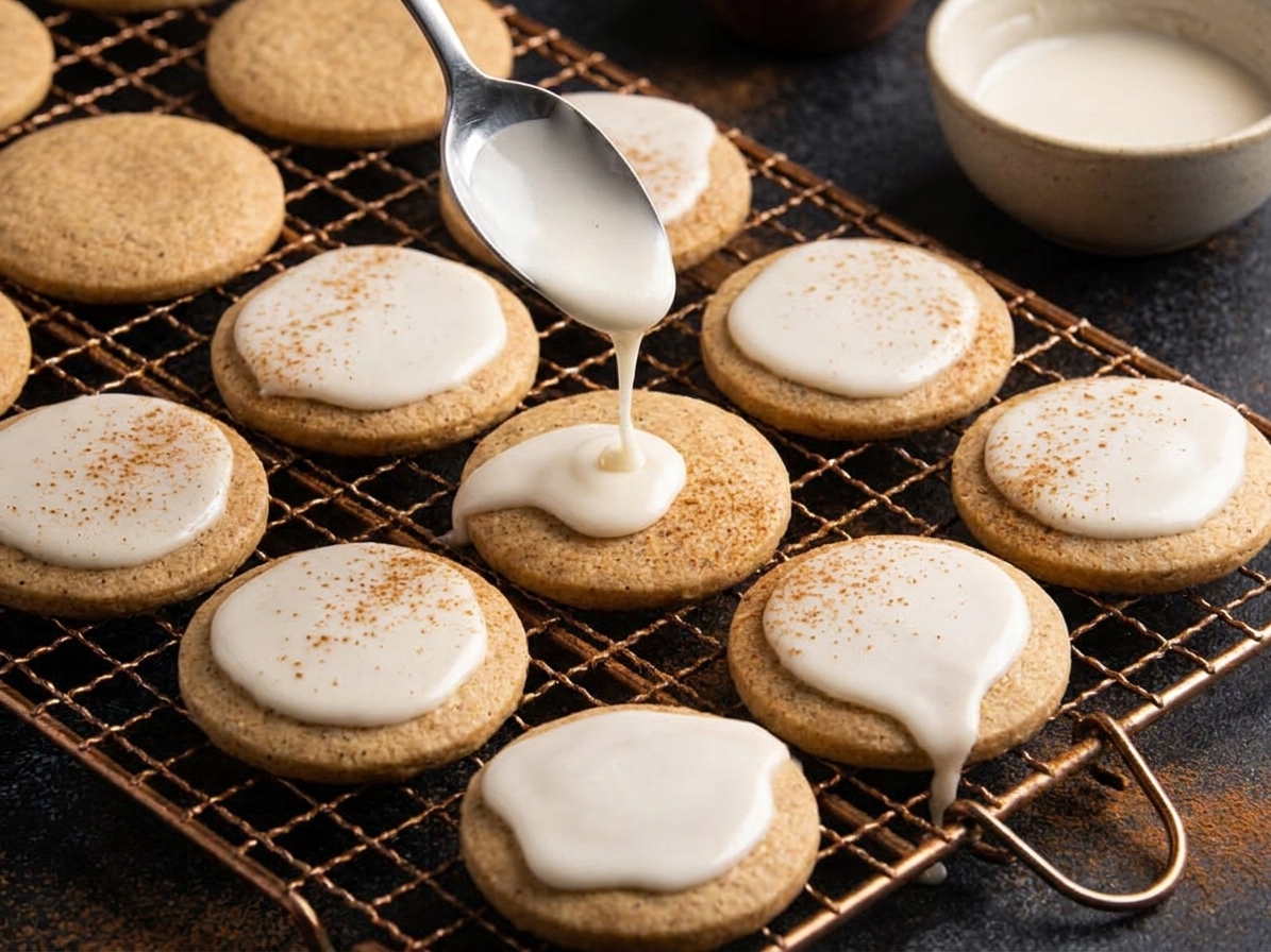 Vanilla glaze being drizzled over cooled chai cookies on a wire rack in a home kitchen