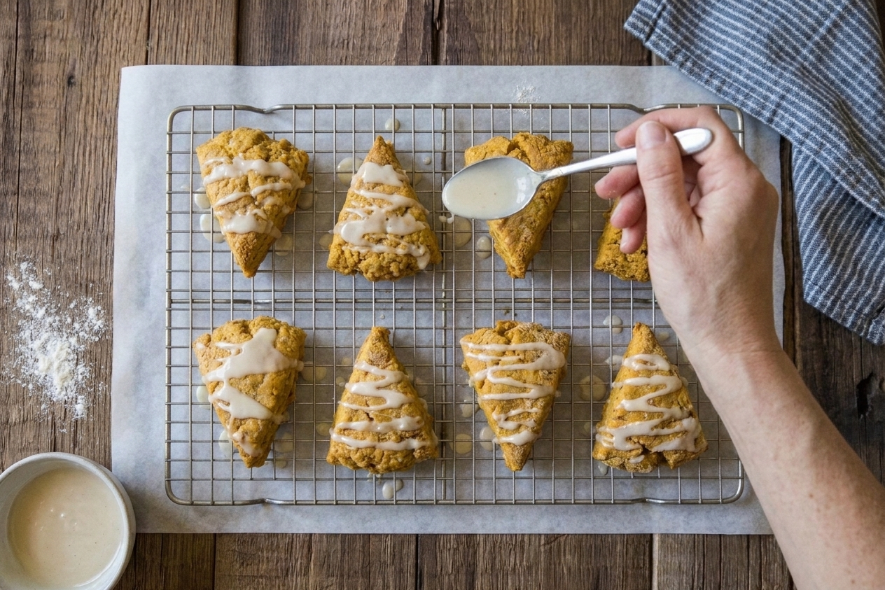 Vanilla glaze being drizzled over pumpkin scones on a wire rack with parchment underneath